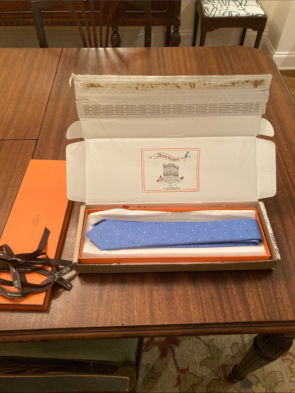 Hermès Light Blue Silk Tie with White Microdots